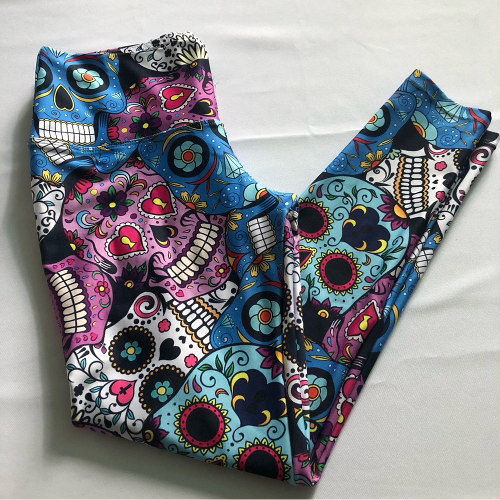 Lavaloka Fun Colorful High Waisted Sugar Skull Leggings Size L/XL
